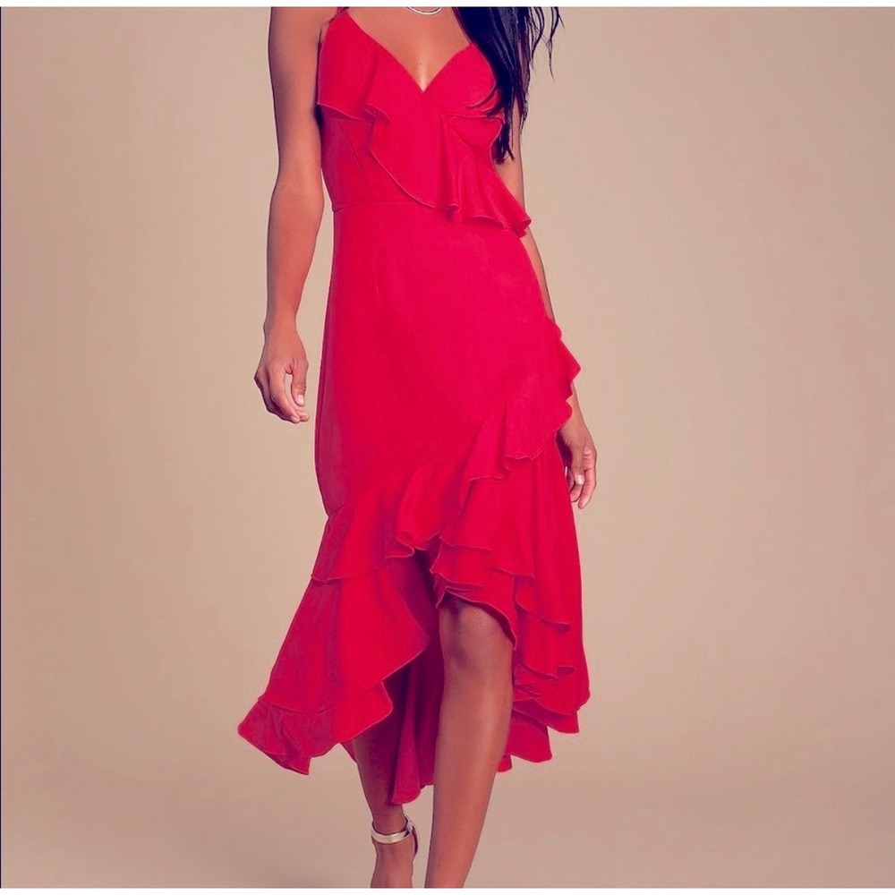 Lulus Red Ruffle High-Low Maxi Dress Surplice V-Neck Sleeveless Small